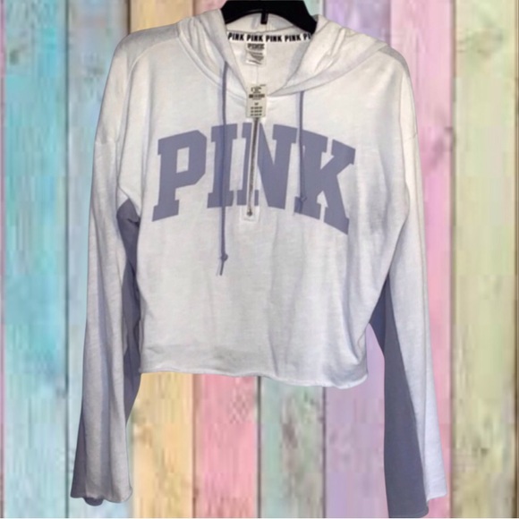 PINK Victoria's Secret Tops - Victoria’s Secret Pink White Half Zip Gray Logo Crop Oversized Hoodie Top NWT